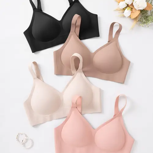 women's 4-piece solid color seamless jelly bras set, Wireless Seamless Soft Wirefree Bra, with hooks and adjustable shoulder straps, no underwire for Light Support and Smooth Back, Underwear