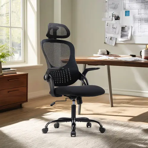 Sweetcrispy Ergonomic High-Back Mesh Office Chair - Conference Chair, Mesh Material, Modern Design, Rolling Glide Wheels, Adjustable Headrest, Lumbar Support, Flip-Up Space Saver Arms, Posture-Enhancing, for Home WFH Setup, Office Use