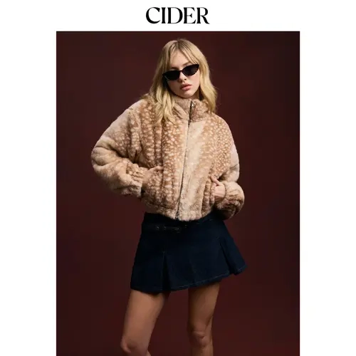 Cider Faux Fur Deer Print High Neck Zip Through Jacket