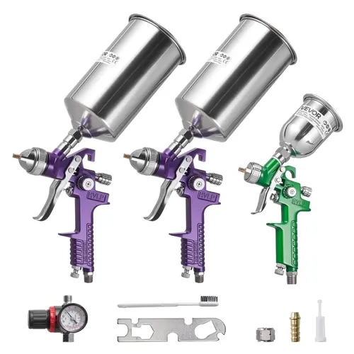 VEVOR 3-Piece Gravity Feed Air Spray Gun Kit - Corrosion-Resistant Professional Aluminum Paint Sprayer with 1/1.4/1.8mm & 1.0 mm Nozzles, 3 100 ml Cups, Air Regulator, Airbrush Tool, Cleaning Brush for Automotive Painting