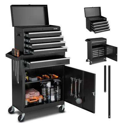 【fathersdaygift】VEVOR Rolling Tool Chest,2-in-1 Design5 Drawers Tool Cabinet Organizer with Detachable Top Metal ToolboxLock BarProtective Linerand Tools RackGarage Storage Cabinet for WarehouseWorkshop, Lockable Tool Storage, Heavy Duty