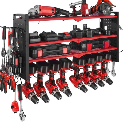 VEVOR Heavy Duty Carbon Steel Wall Mount Tool Organizer, 4-Layer Storage Rack with 8 Drill Holders, Pegboard Sides, Adjustable Shelf Height, 60 lbs Per Tier, 32.87x8.66x16.54in Cordless Tool Organizer for Garage Workbench, DIY Enthusiasts