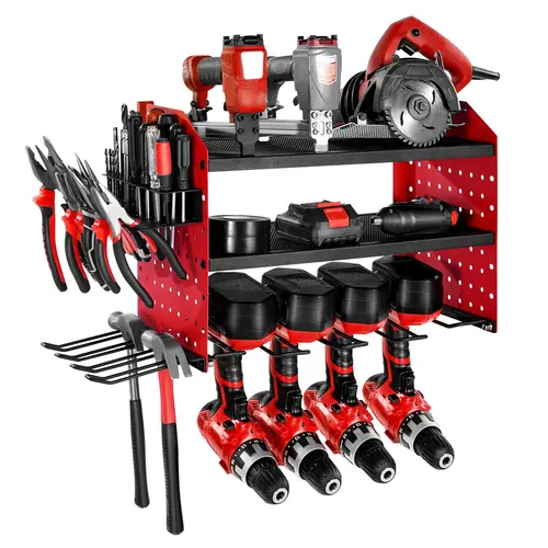 VEVOR Carbon Steel Wall-Mount Metal Tool Organizer, 3-Layer Adjustable Shelf Height Rack (33 lbs/Tier, 23.31x8.66x12.01 in, 100 lbs Capacity) with 4 Drill Slots, Side Mesh Shelves, Pegboard Hooks, Fits Large Batteries for DIY Lovers, Ideal for Garages,too