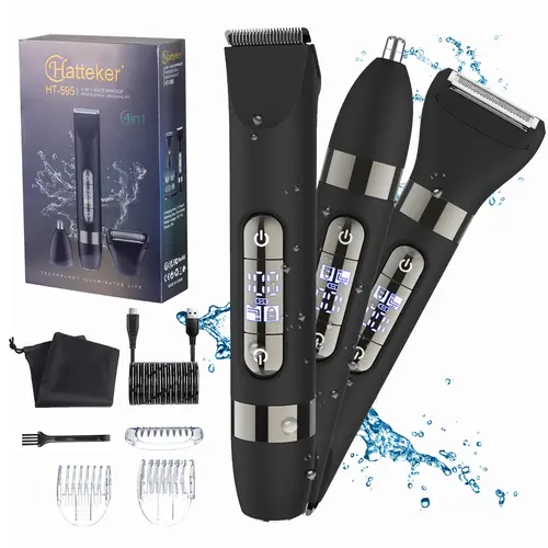 Hatteker 4-in-1 Cordless Battery-Powered Hair Trimmer - IPX7 Rated Waterproof Dual Heads, Easy-Remove ABS Cleansing, LED Display, Facial Hair Removal Tool, Wet/Dry Razor, Mens Gifts for Him (With Box)