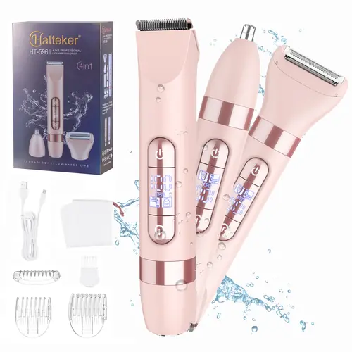 HATTEKER Electric 4-in-1 Bikini Trimmer – Waterproof IPX7, LED Display, Wet/Dry Ladies Body & Face Trimmer with Replaceable Heads for Bikini Line, Legs, Arms, Nose; Smooth, Portable Rechargeable