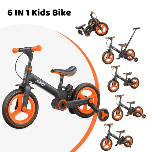 JMMD 6-in-1 Multi-Mode Toddler Balance Bike for 18-60M Kids, Steel Adjustable Pedals, Rubber Training Wheels, Push Handlebar, Emergency Braking, Kickstand, 6 Modes to Learn Outdoor Toy, Birthday/Christmas Gift