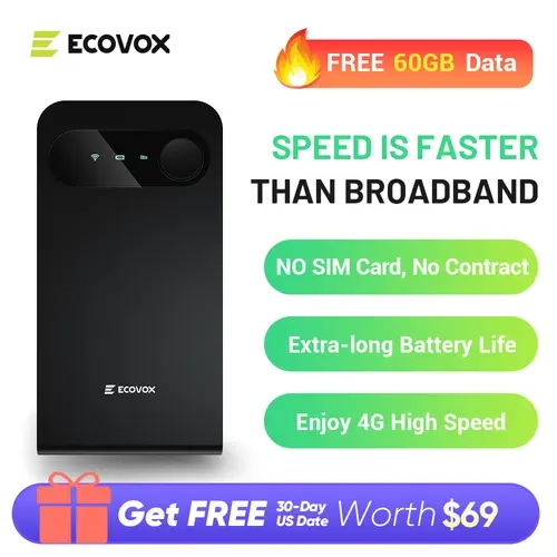 ECOVOX 2026 Portable 4G LTE WiFi Hotspot - High-Speed Auto-Switch Tri-Band Plastic Mobile Router, 60GB Free US Data, 13 Hours Battery, Connect 9 Devices, 120+ Countries Coverage, No SIM/Contracts, USB-C Cable, for Car/RV Travel, Compatible with Tablets