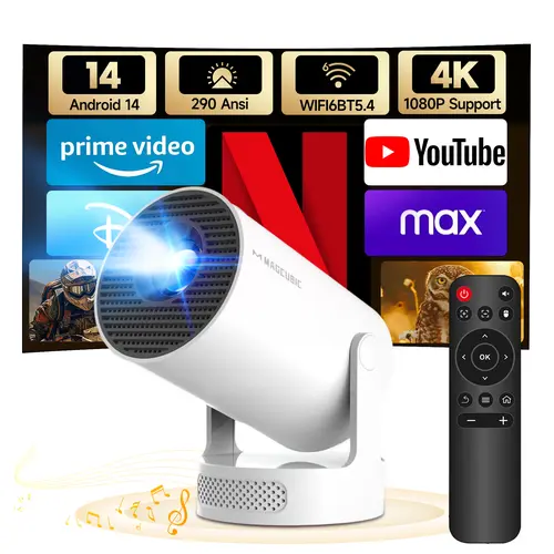 Smart Projector HY300Pro+ with 4K Decode 290ANSI Auto Keystone Correction Built-in 5W speaker Dual WiFi6 Wireless BT5.4 Android 14 Native 1280*720P for Home Cinema Portable Movie Theater #SummerWins #DealsForYouDays