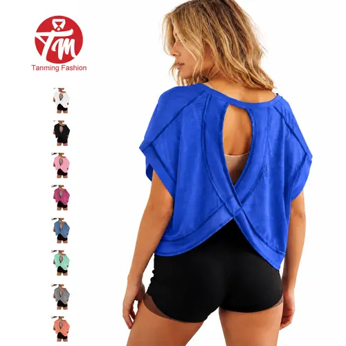Tanming Womens Open Back Workout Top Short Sleeve Cross Back Athletic Tee Relaxed Fit Gym Shirts Spring Summer Activewear Casual Daily Streetwear