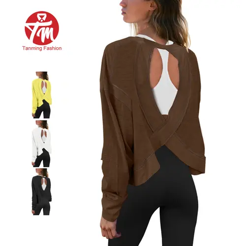 Tanming Womens Long Sleeve Open Back Athletic Top Cross Back Workout Pullover Relaxed Fit Gym Shirts Spring Fall Activewear Casual Daily Streetwear