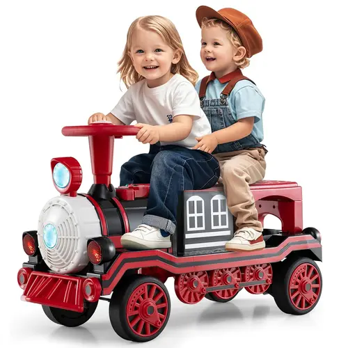 Costway Ride on Train Trackless, 12V 2-Seater/3-Seater Ride on Toy with Train Whistle, LED Lights, Music & Removable Chair, Electric Train w/One-Button & Soft Start, Gift for Boys & Girls,Christmas Festival Gift Black Friday Cyber MondayGift Season