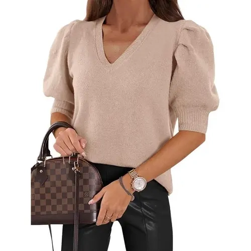 Cicy Bell Women’s Puff Short Sleeve Sweater Tops All season Trendy Casual Vneck Knitted Basic Fitted Minimalist Lightweight Knitwear Womenswear