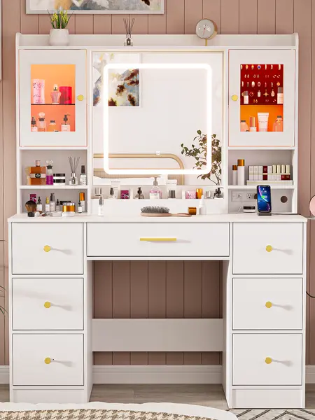 Makeup Vanity Desk with Mirror and Lights - White Large Vanity Desk with 7 Drawers & LED Jewelry Cabinet, Vanity Table with Charging Station, Dressing Table for Bedroom