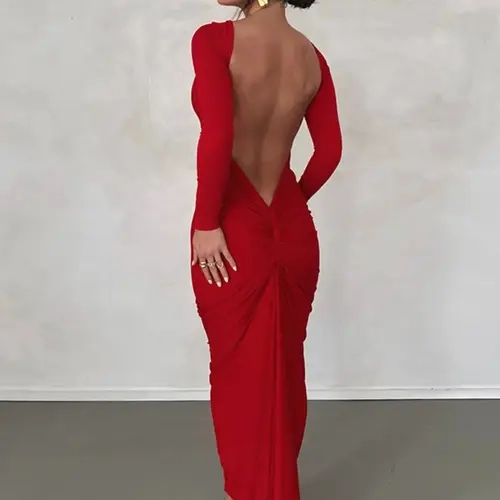 Sexy Backless Ruched Long Sleeve Bodycon Dress Solid Color Party Club Evening Formal Wear Long Dresses For Spring & Fall, Women's Clothing