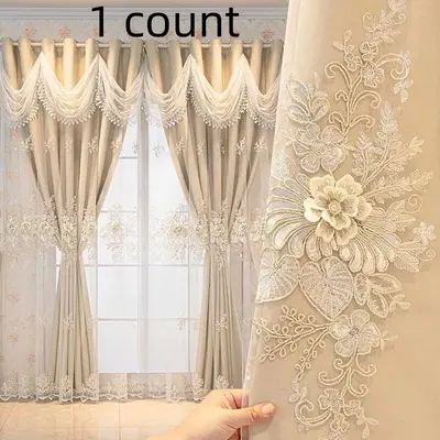 European Embroidered 100% Blackout Curtain, Home Decoration Curtain, Wave Hem Design, UV Protection, Ideal for Living Room, Bedroom, Office and Balcony Home Decor