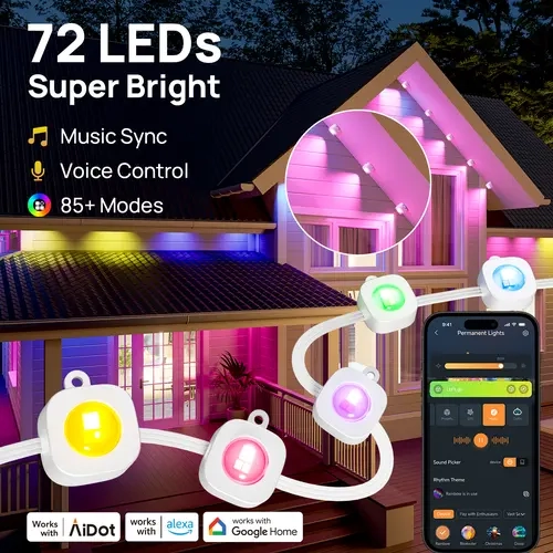 Linkind Permanent Outdoor Lights 100ft Smart Waterproof, AI RGBTW Color Changing, 85 Scene Modes, Christmas & Holiday Decorations, Alexa & Google Assistant Compatible with 72 LED Bulbs