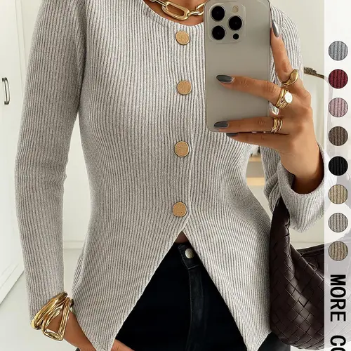 Women's Basic Elegant Ribbed Button-Front Long Sleeve Top Shirt, Classy Tops, Casual Elegant Fitted Design in Medium-Weight Fabric for All-Season Wear