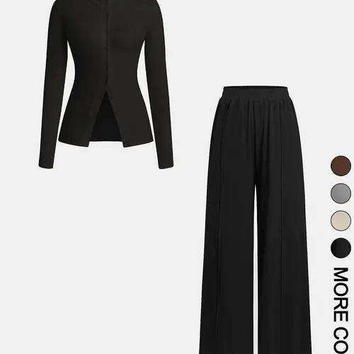 Women's Solid Color Knitted Fitted Button Front Long Sleeve Top & Wide Leg Pants, Casual Basic Essential Two-piece Set Outfit for Daily Wear, Ladies Clothes for All Seasons, Cozy Set, Casual Style Set, Top Sets, Womenswear