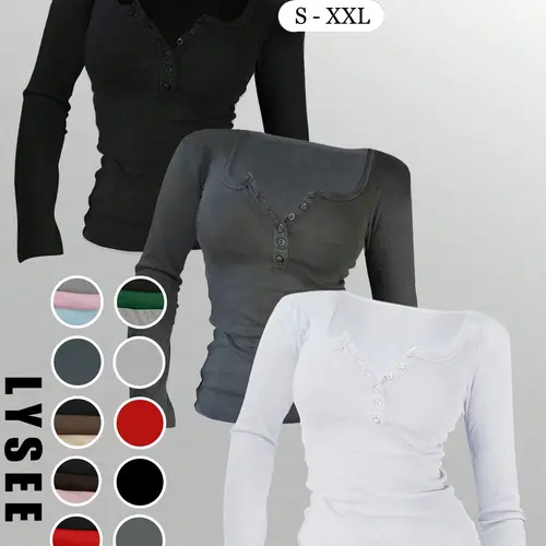 1pc/3pcs/5pcs Autumn & Winter Women's Casual Fashion Sporty Multi-Button Round Neck Solid Color Long Sleeve Casual Sports Tops Mix & Match Casual Sportswear