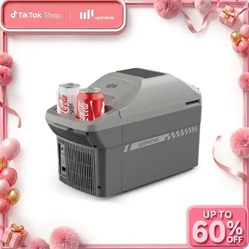 Upstreman 10QT Dual Temp Polypropylene Portable Cooler-Warmer Mini Fridge (6.6lb, AR09) - 12V Adaptor, 149°F Warm Heat, 39dB Quiet Run, Compact Design, Shoulder Strap, Carry Handle, Car Accessories, Cooler for Truck, Camping, Travel