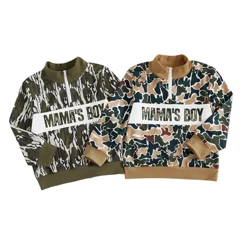 Babamoon Toddler Baby Boy Half Zip Sweater, Camo Mock Neck Long Sleeve Top, "Mama's Boy" Embroidered Casual Fall Winter Hunting Clothes