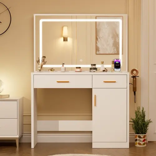 Sweetcrispy White Lighted Makeup Vanity Desk - 35.4" Adjustable 3-Color LED Mirror, 2AC/USB/C Charging Station, Drawers, Large Cabinet & Dresser, Elegant Backlit Makeup Vanity With Lights