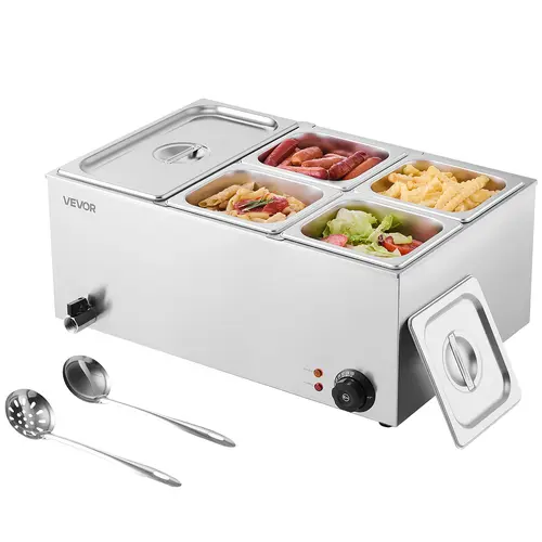 VEVOR 24QT Commercial Electric Countertop Stainless Steel Food Steamer & Warmer, 5-Pan (1/3+4×1/6) 1200W Bain Marie, 86-185°F Adjustable Temp, Fast Heating, Easy Maintenance, Anti-Scaling, 248°F Auto Shutoff, 5.9" Deep Pans Fit, Durable for Catering