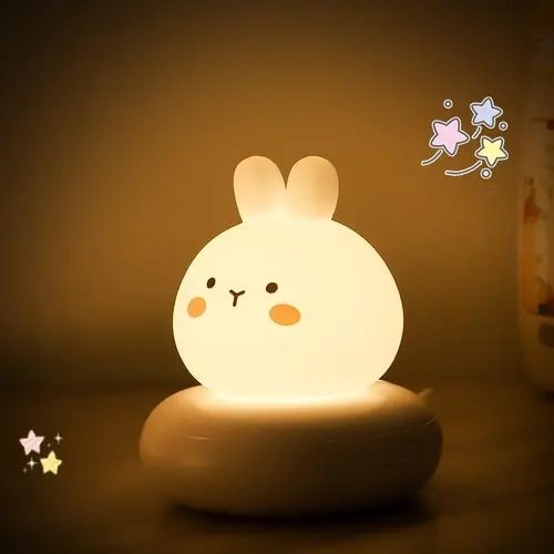 Kids Bunny Shape LED Ambient Night Light - Rechargeable, Automatic Touch-Sensor, Batteries Built-In, Adaptable Smart Lighting, 30 Mins Timer, Soft Silicone Body, Toddler-Safe, Battery Powered Light, Children's Room & Unisex Nursery Decor