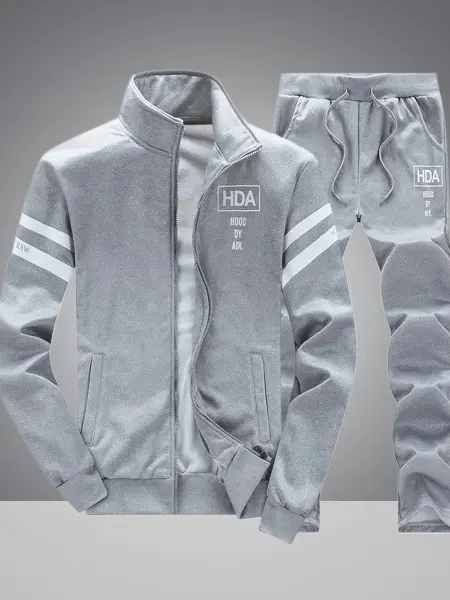 Men's Casual Stand Collar Jacket Set with Letter Print Design Long Sleeve & Matching Pants for Spring Autumn Athletic Tracksuit