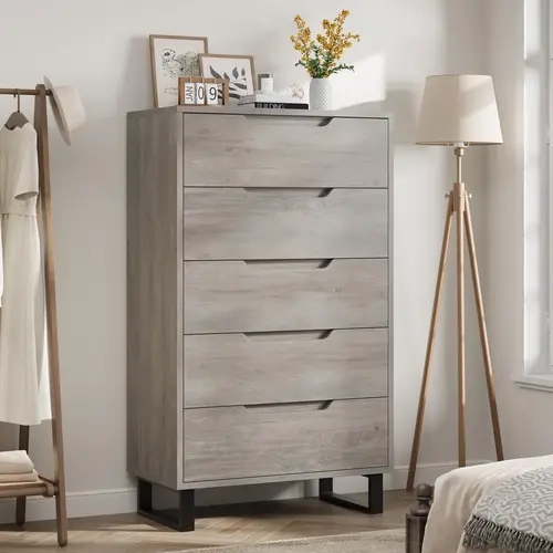 【GARVEE】5 Dresser for Bedroom, 51" Tall Dresser, Freestanding Vertical Drawer Dresser with Storage, Wooden Closet Dresser Storage Dresser Chest for Living Room, Hallway, Entryway, Ash Grey