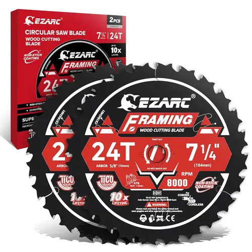EZARC 7-1/4 Inch Circular Saw Blades 24T/40T/60T - FRAMING Wood Cutting Blade, Ultra-Thin 1.5mm Kerf, Non-Stick Coating, 2 Pack, Carbide Blades
