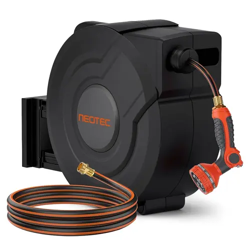 【DealsForYouDays】NEOTEC Retractable Garden Hose Reel 90ft/100ft/130ft - Wall Mounted ，Heavy Duty Hose Reel with 3/4 Inch Brass Fittings & 9-Pattern Nozzle - Auto Rewind System, Any Length Lock, 180° Swivel Bracket
