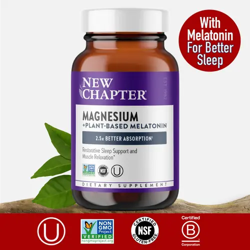 New Chapter Magnesium + Plant-Based Melatonin Sleep Aid - 2.5x Better Absorption+ for Sleep Support & Muscle Relaxation - 30 count