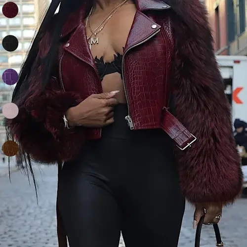 【Black Friday】Women's Faux-Fur Sleeve Crocodile-Embossed Faux Leather Cropped Moto Jacket with Asymmetrical Zip
