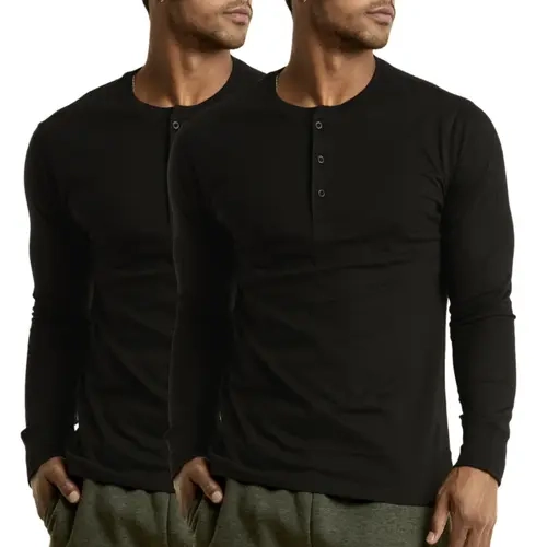2 Pack Men's Cotton Henley Tops - Longsleeves, Button Placket, Plain, Regular/Big & Tall (S-3XL), Breathable, Comfy Basic Layering Menswear Underwear, Classic Henley Elevates Casual Looks