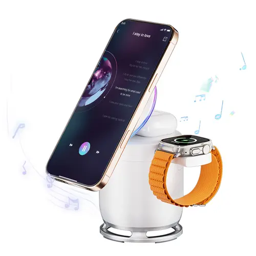 VAISEKE 3-in-1 Adjustable Magnetic Wireless Charging Station - Folding Mobile Adapter with USB Portability, Light, Bluetooth Speaker for MagSafe, iPhone, AirPods, Smartwatch, Cellphone Devices