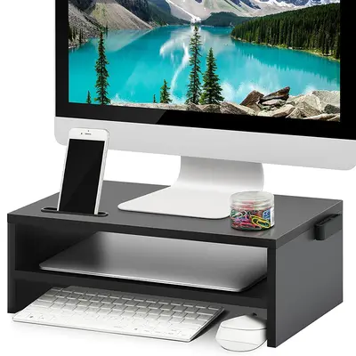 16.5in Heavy Duty 2-Tier Monitor Stand Riser - Minimalist Modern Office Furniture, Minimalist TV Stand, Multifunctional Desk Organizer with Tablet Holder, Phone Holder for Desktop, Laptop (Black) Father's Day Gift