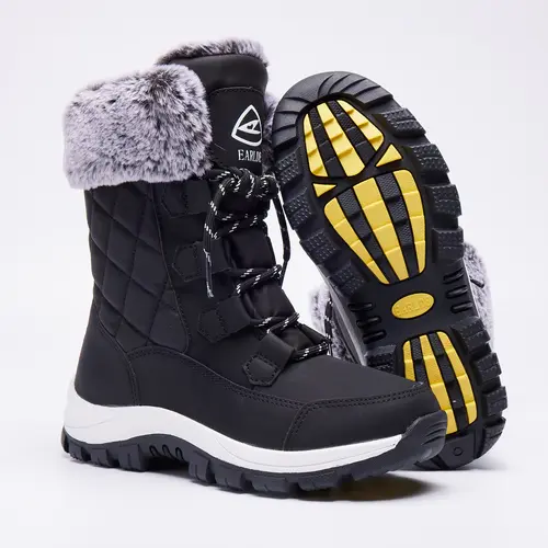 Women's Chic PU Leather Waterproof Mid-Calf Lace-Up Winter Boots - Full Fur Liner, Durable Rubber Sole, Flexible, Round Toe, Breathable, Slip-Resistant, Stable Lace Fit, All-Weather Grip, Outdoor Shoes for Women