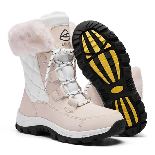 [JF] Women's Laceless Round Toe Mid-Calf Winter Snow Boots - Fold-Up Fur Collar, Memory Foam Insoles, Heat Retain Tech PU Upper, Waterproof Insulated Rubber Cold Weather Gear Athletic Footwear