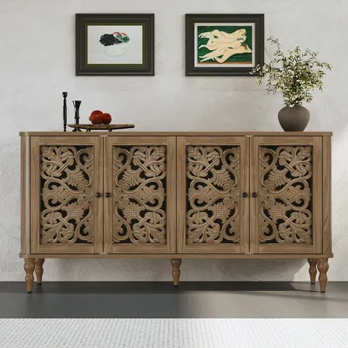 【Fall Deals】HLR 63-in Solid Wood Sideboard Cabinet - Vintage High-End Feel Storage Dresser Cabinet, Arc Carving, Curved Edges, Durable Indoor Furniture, Above 25 kg, Ideal for Living Room, Easy to Assemble TV Credenza