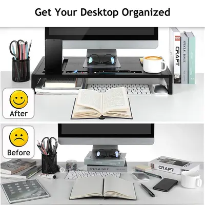 23 in Bamboo Monitor Stand Riser - Black Finish, Office Accessories Storage Organizer, Desk Stand for Laptop/PC Computers - Home & Office Use, Father's Day Gift