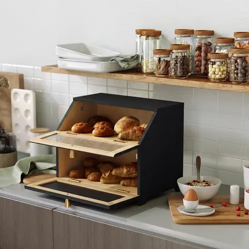 【Fall Deals】HLR Luxury Black & Gold Retro Sturdy P2 MDF Wood Bread Storage Box with Magnetic Lock Lid, Golden Trim Metal Handles, Waterproof Design, Modern Classic Space-Saving Decorative Piece, Holds Loaves, Ideal for Home Bakers' Kitchen Counters, Conta