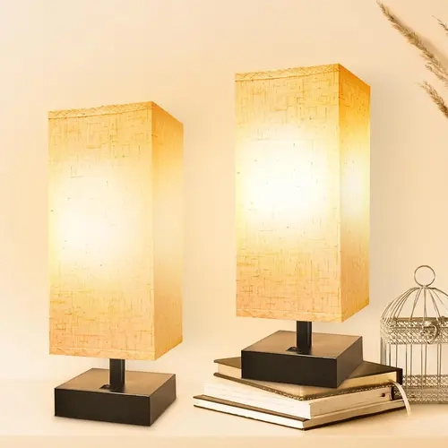 2 Pack,Small Bedside Lamp, Mini Minimalist Table Lamp with Square Flaxen Fabric Shade, 11 Inch Desk Reading Lamp for Bedroom, Living Room, Office, Bedroom Lighting, Decorative Lights