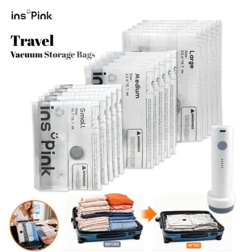 Vacuum Sealed Bags Set with 25W Wireless Rechargeable Pump, 9/15-Pack Compact Luggage-Fit PE Bags, Travel Organizer for Tidy Stacks Less Clutter, Space-Saver for Bedding & Clothes, Memorial Day Sale