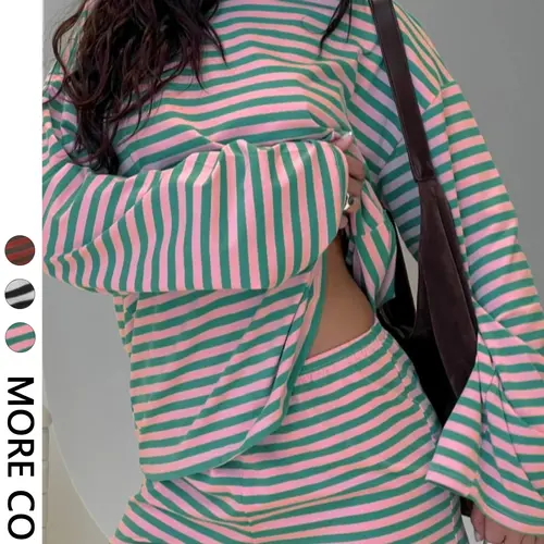 Women's Loose Long Sleeve Striped Top + Casual Striped Short Pants Summer Knit Set, All Seasons Fitted Regular Length