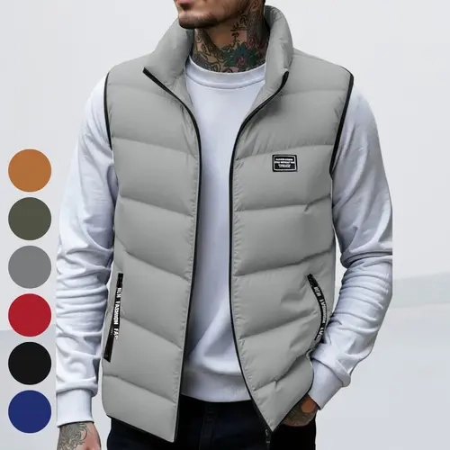 Men's Polyester Full-Zip Stand Collar Thick Warm Non-Stretch Plain Sleeveless Vest - Casual, Cold-Resistant, Durable, Minimalist Fitted High-Quality Activewear for Winter Workouts, Party, Daily Wear, Perfect Gift for Husbands and Sons
