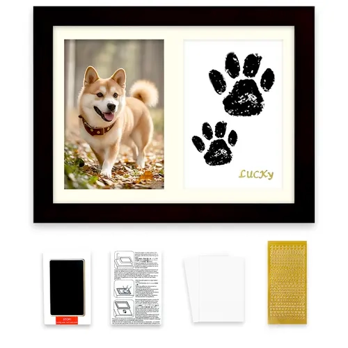 Dog Pet Memorial Photo Frame Set - 8.8x6.8 in, Custom Display, Paw Print Ink-Free Pad, Quick-Drying Smudge-Free Stamp, Included Paper, Gift for Grieving Friend