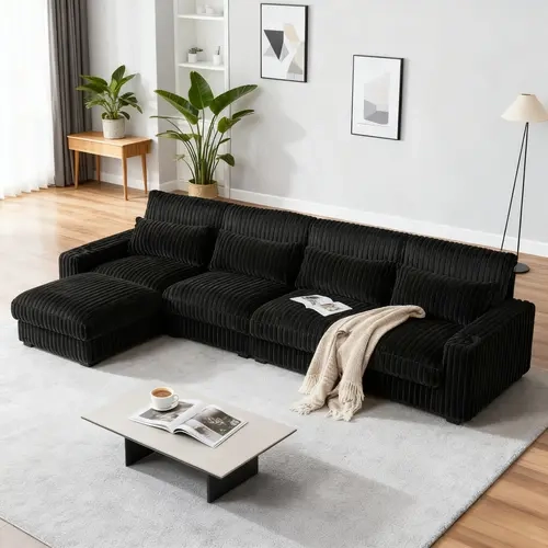 Niccae Large L-Shaped Corduroy Upholstered Sofa - 4-Seat, 126" Seating, USB Ports, Cup-Holder Ease, Fitting Footrest, 4 Back & Waist Pillows, Solid Wood Frame, Polyurethane Foam, Multi-Position Sectional Couch for Apartments (3 Packages Delivery)
