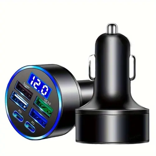 6-in-1 Car Charger with Digital Display & Atmosphere Light -  Fast Charging Adapter for Multiple devices - 100W Max Power - USB-C Multiport Car Charger for Huawei, OPPO, Oneplus, iPhone, Samsung, Vivo, Google Black,fun car accessories,auto accessories