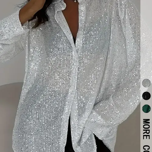 Women's Sequined Sheer Long Sleeve Button Shirt Loose, Elegant Blouse for Evening Parties & Daily Wear, Stylish Women's Clothing, Womenswear